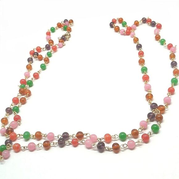 Long Multi-color Small Glass Beaded Necklace 46 inches Spring Ring - Picture 5 of 14